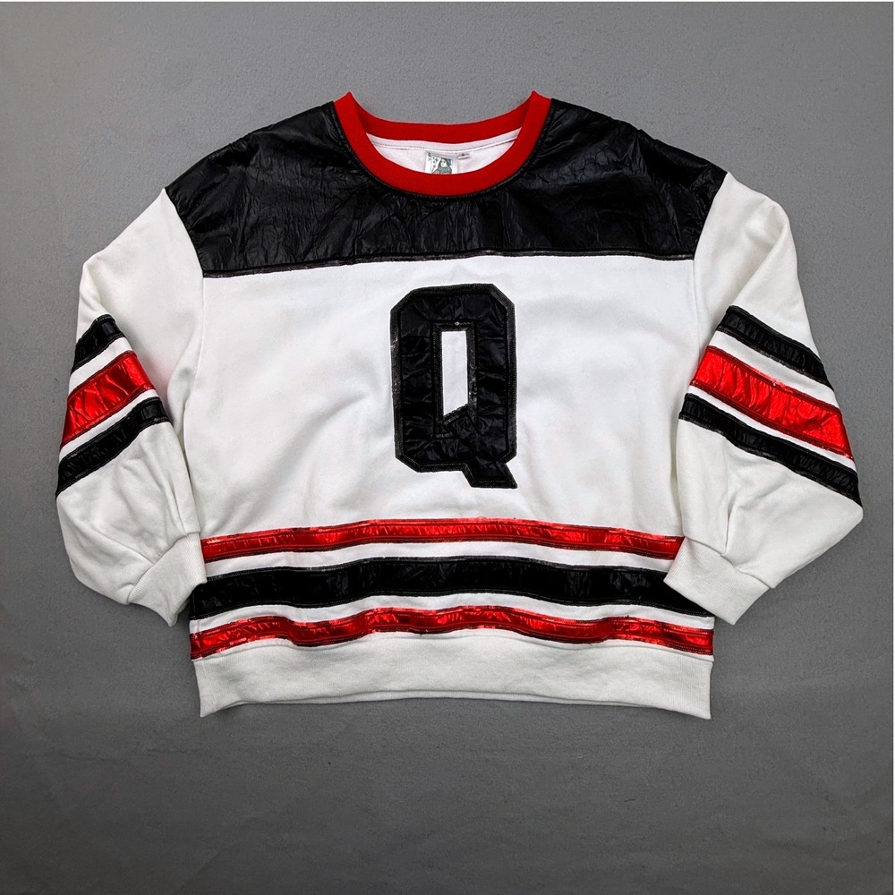Queen Of Sparkles Sweatshirt Women's Small White Red Black Sequin Varsity Stripe